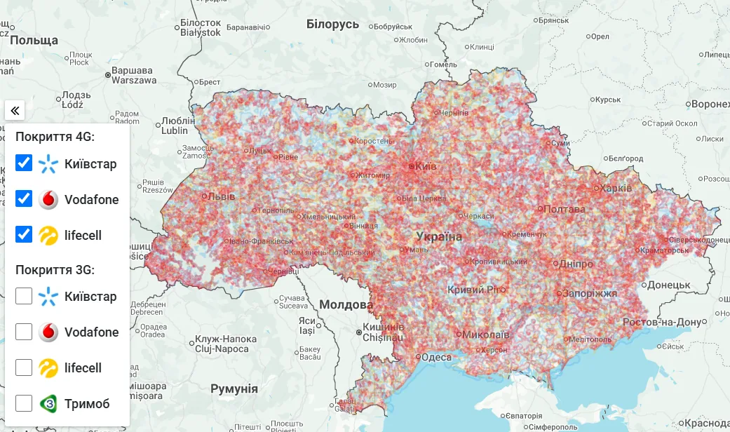 Карта покриття мобільного інтернету 4G в Україні